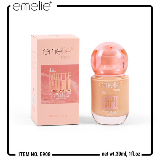 Emelie® 24HR Matte Pure Foundation & Concealer – Full Coverage, SPF 20 (30ml)